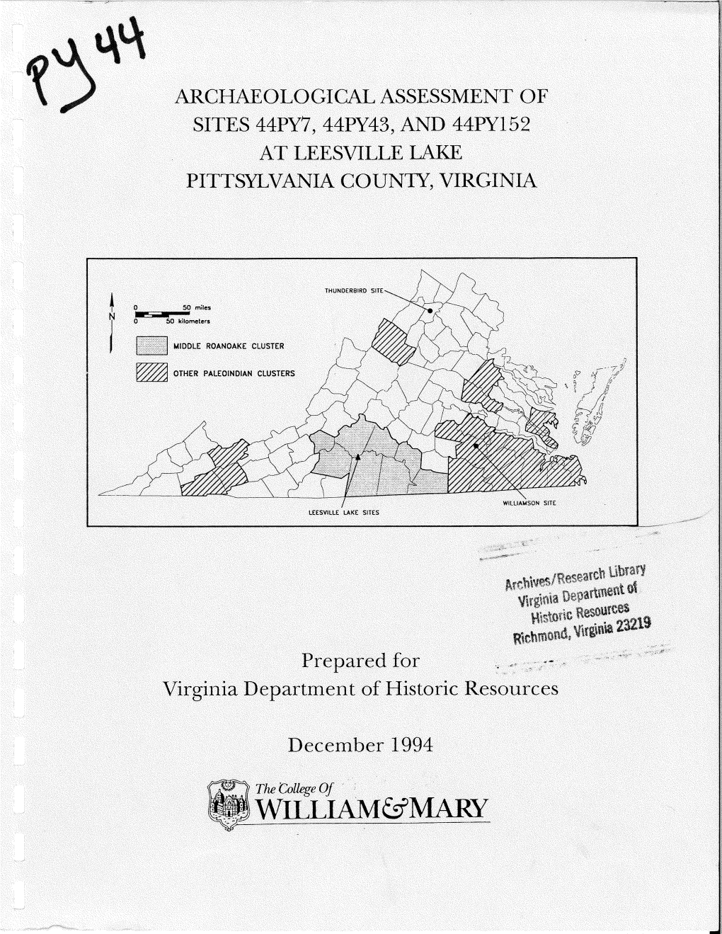 Archaeological Assessment of Sites 44PY7, 44PY43, 44PY152 At