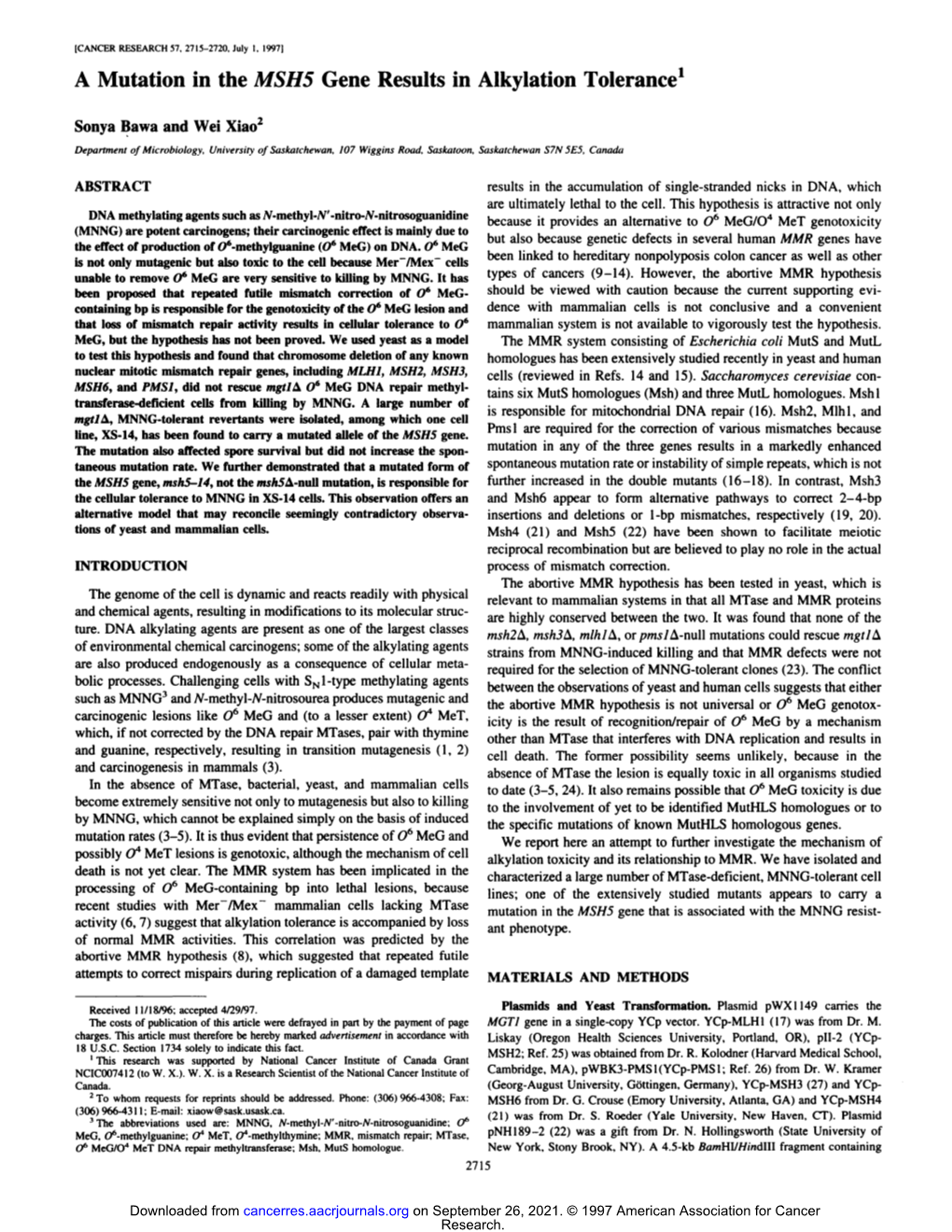 A Mutation in the MSH5 Gene Results in Alkylation Tolerance1