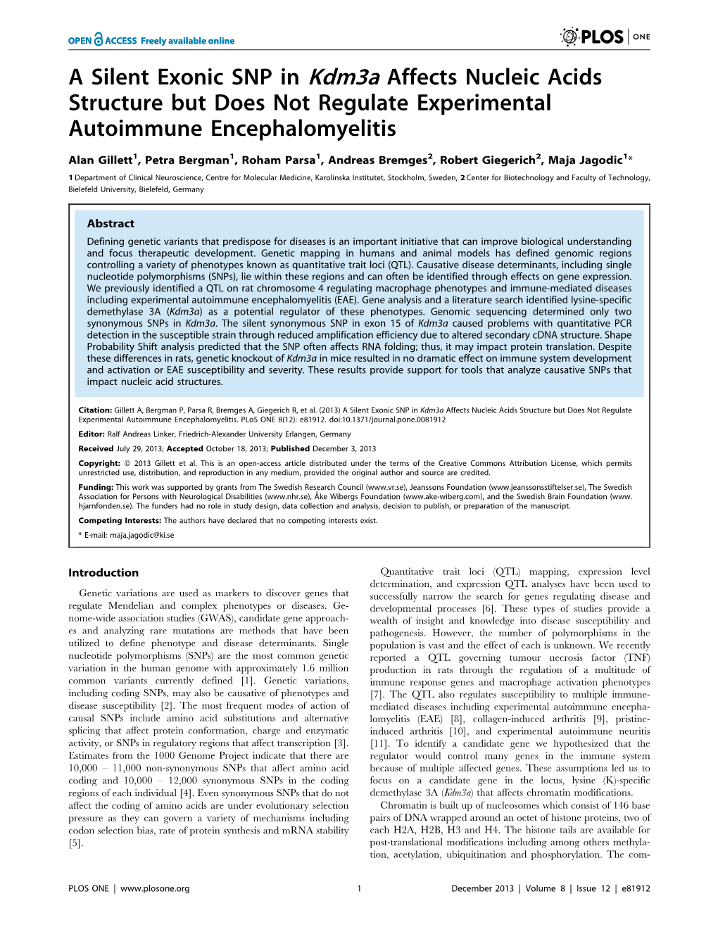 A Silent Exonic SNP in Kdm3a Affects Nucleic Acids Structure but Does Not Regulate Experimental Autoimmune Encephalomyelitis