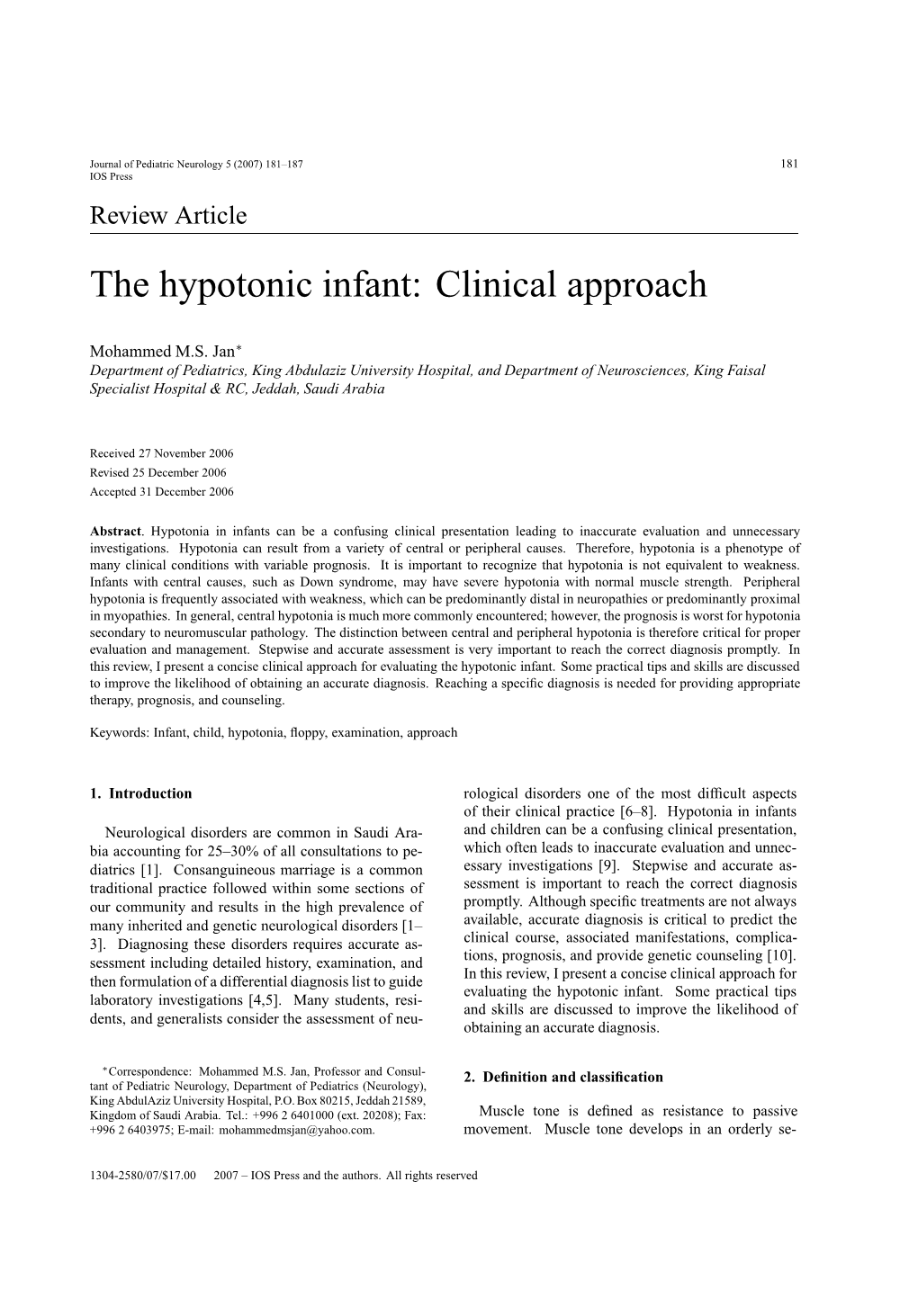 The Hypotonic Infant: Clinical Approach