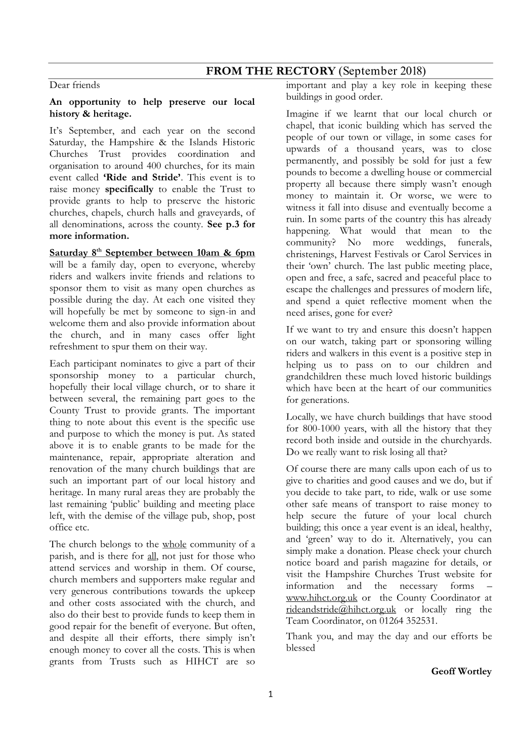 FROM the RECTORY (September 2018) Dear Friends Important and Play a Key Role in Keeping These an Opportunity to Help Preserve Our Local Buildings in Good Order