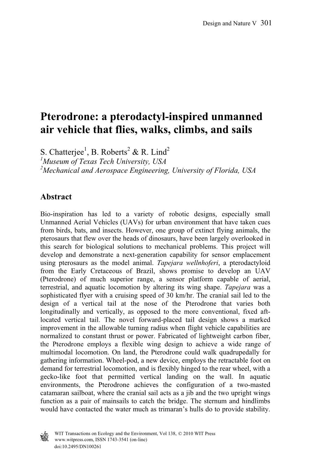 Pterodrone: a Pterodactyl-Inspired Unmanned Air Vehicle That Flies, Walks, Climbs, and Sails