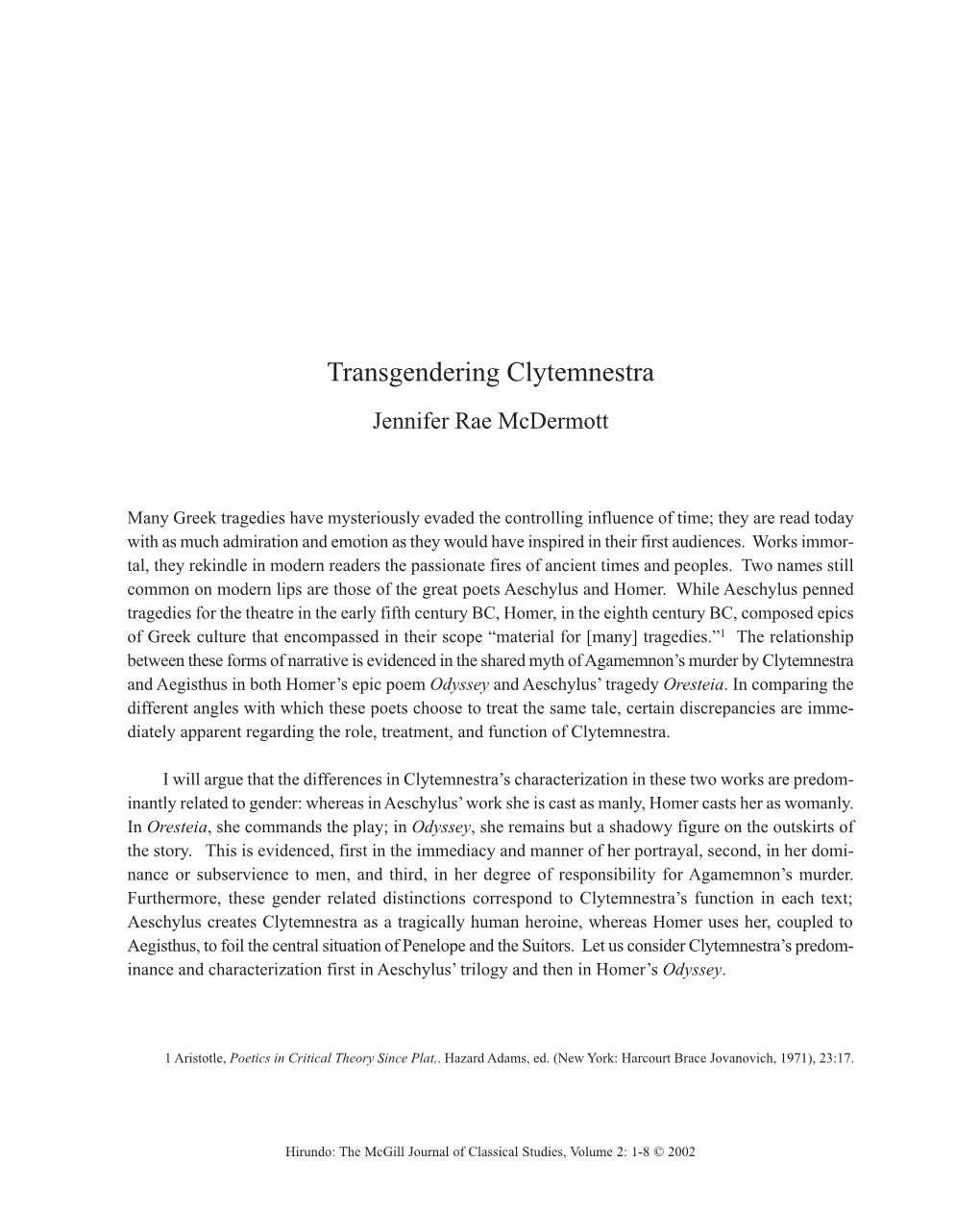 Transgendering Clytemnestra Jennifer Rae Mcdermott