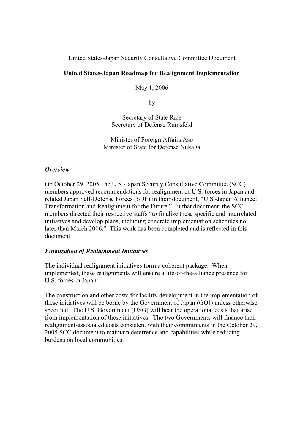 United States-Japan Security Consultative Committee Document United States-Japan Roadmap for Realignment Implementation May 1