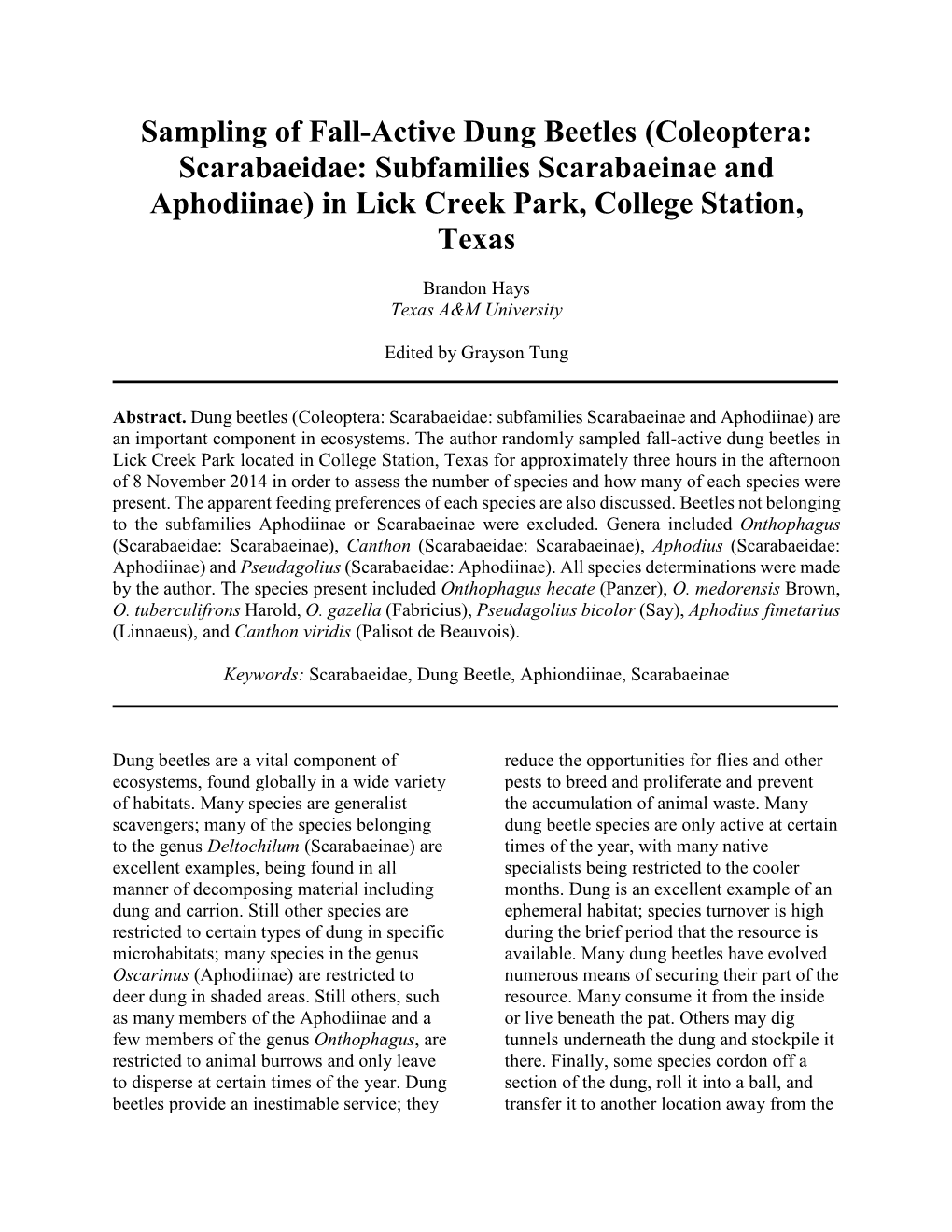 Coleoptera: Scarabaeidae: Subfamilies Scarabaeinae and Aphodiinae) in Lick Creek Park, College Station, Texas