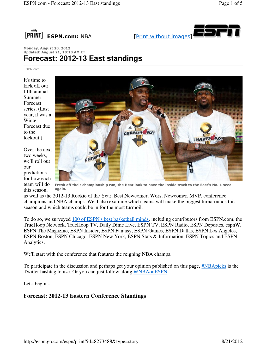 Forecast: 2012-13 East Standings