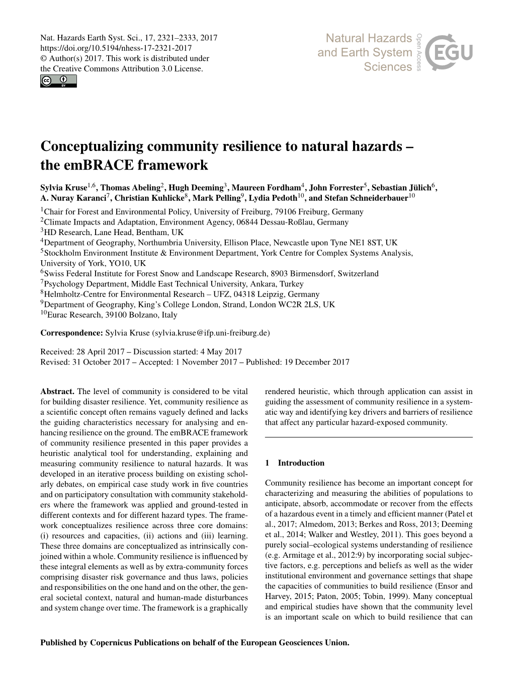 Conceptualizing Community Resilience to Natural Hazards – the Embrace Framework