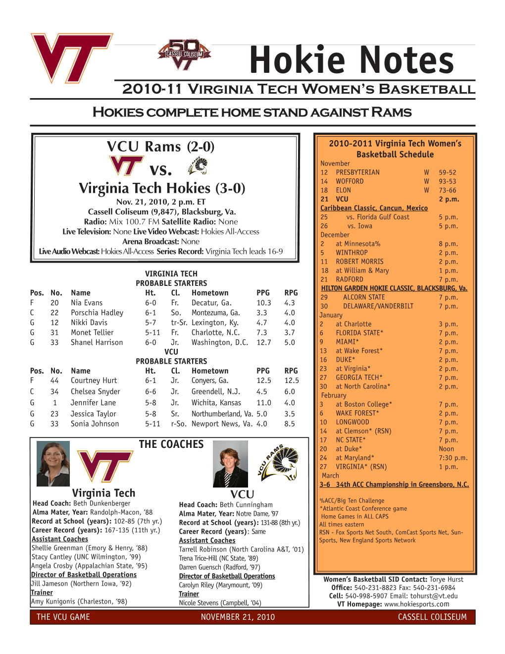 Hokie Notes 2010-11 Virginia Tech Women’S Basketball Hokies Complete Home Stand Against Rams