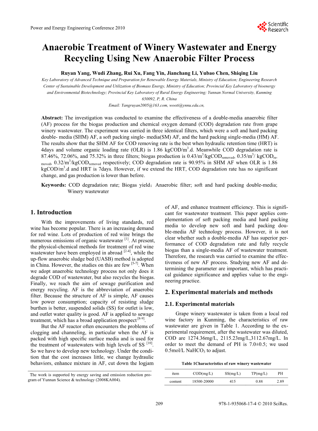 Anaerobic Treatment of Winery Wastewater and Energy Recycling Using New Anaerobic Filter Process