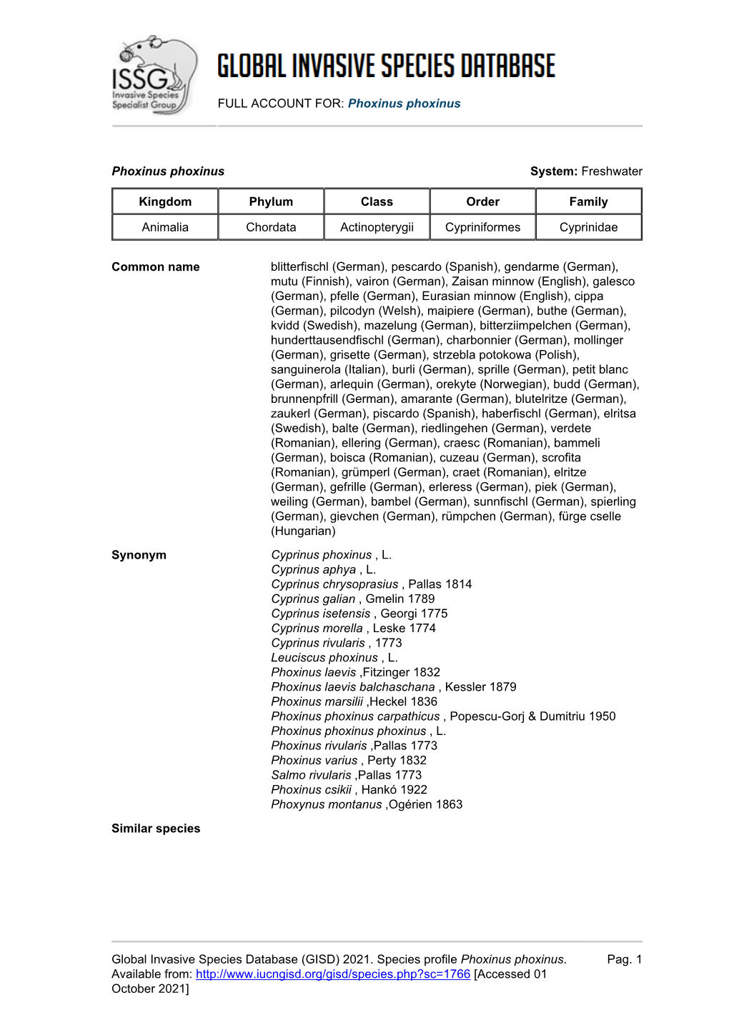 (GISD) 2021. Species Profile Phoxinus Phoxinus. Available F