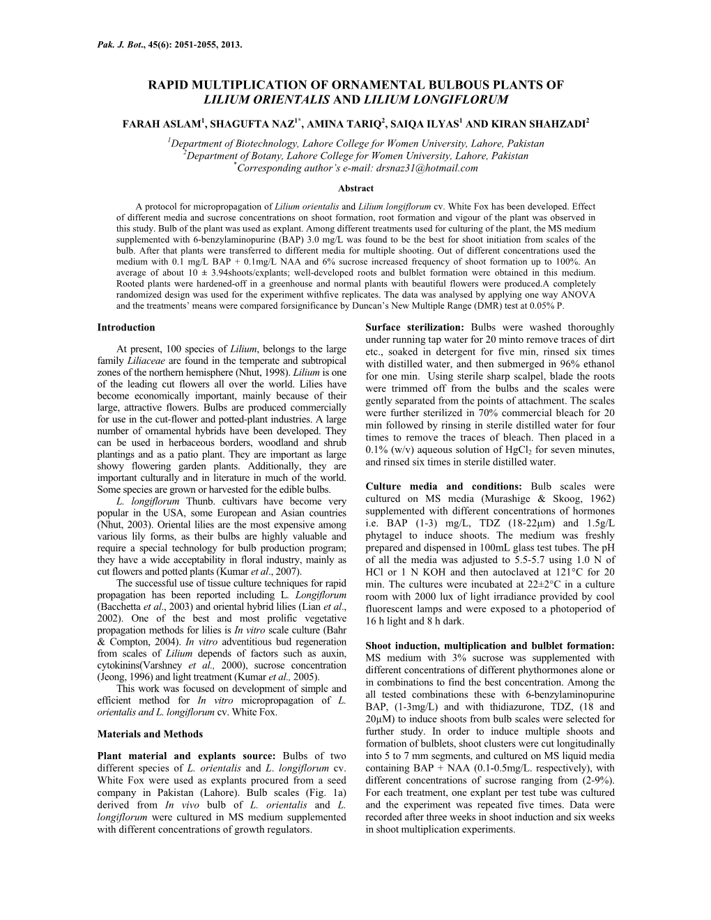 Rapid Multiplication of Ornamental Bulbous Plants of Lilium Orientalis and Lilium Longiflorum