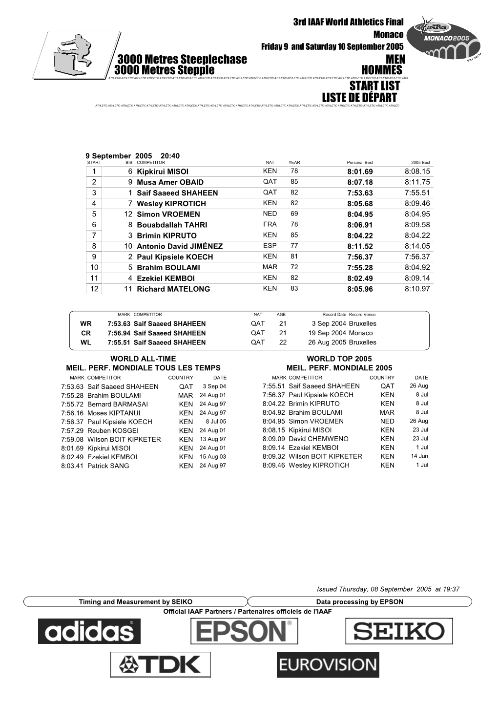 LIST 3000 Metres Steeplechase MEN LISTE DE DÉPART 3000 Metres Stepple HOMMES