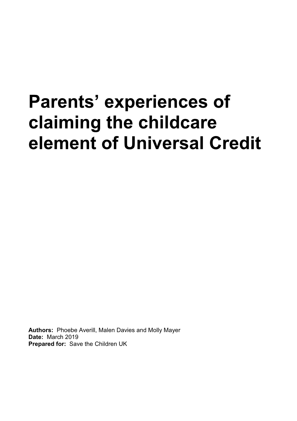 Parents' Experience of Claiming the UC Childcare Element