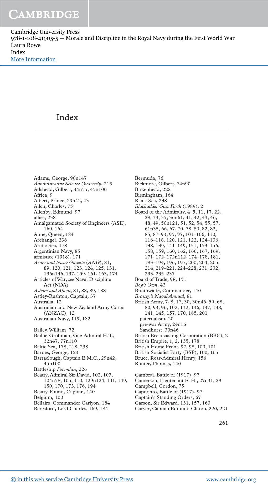 Cambridge University Press 978-1-108-41905-5 — Morale and Discipline in the Royal Navy During the First World War Laura Rowe Index More Information 261