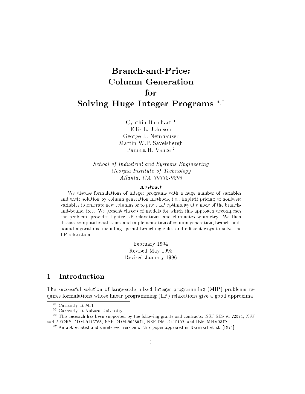 Branch-And-Price: Column Generation for Solving Huge Integer Programs ,Y