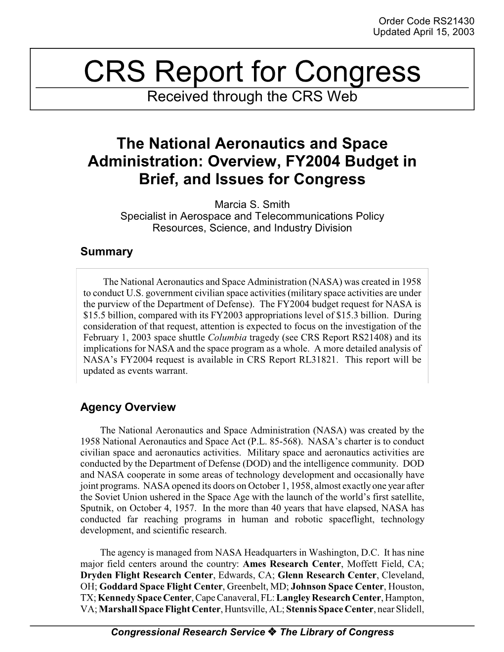 The National Aeronautics and Space Administration: Overview, FY2004 Budget in Brief, and Issues for Congress