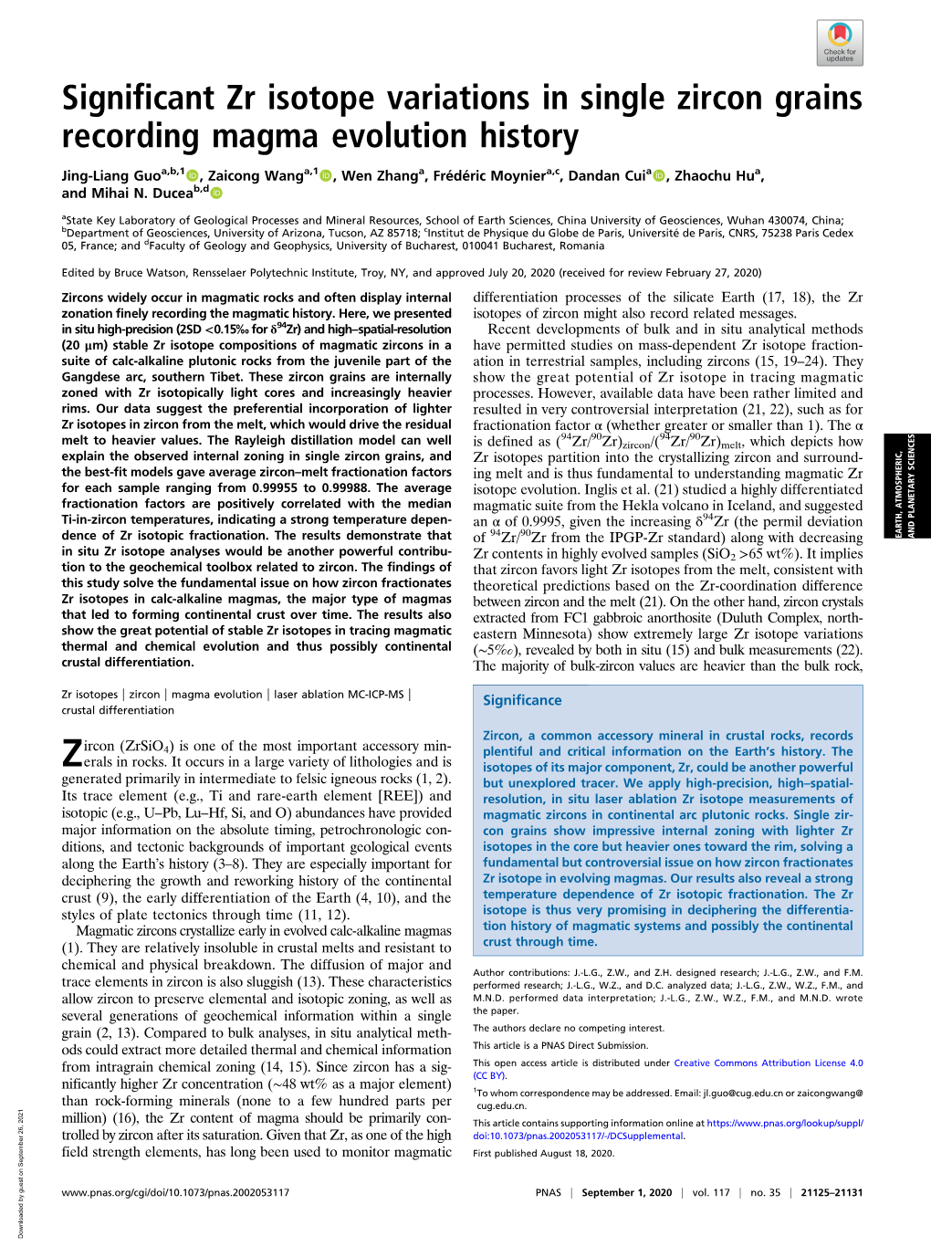 Significant Zr Isotope Variations in Single Zircon Grains Recording Magma Evolution History