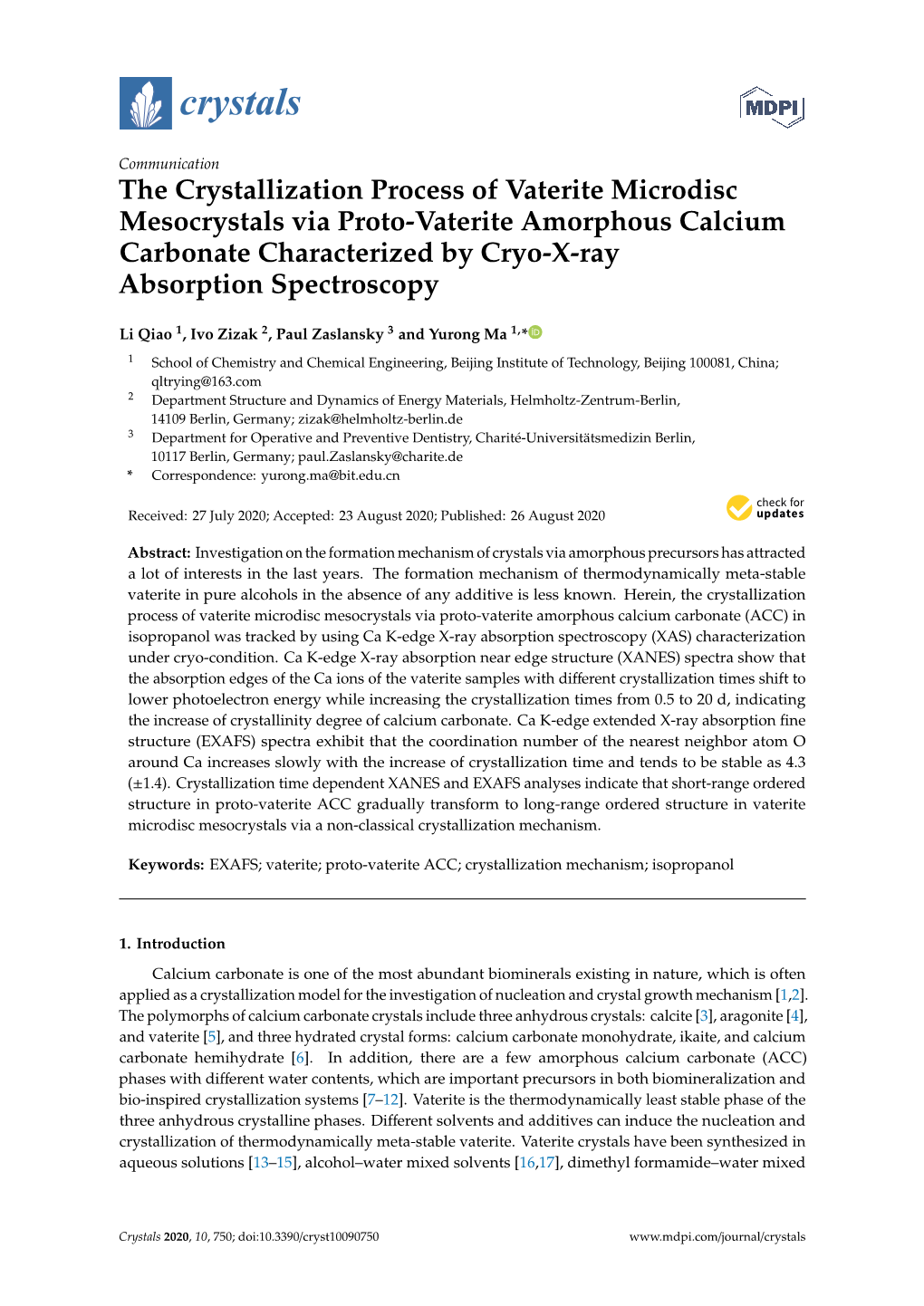 The Crystallization Process of Vaterite Microdisc Mesocrystals Via Proto-Vaterite Amorphous Calcium Carbonate Characterized by Cryo-X-Ray Absorption Spectroscopy