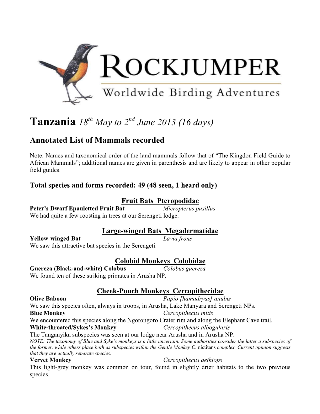 Annotated List of Mammals Recorded