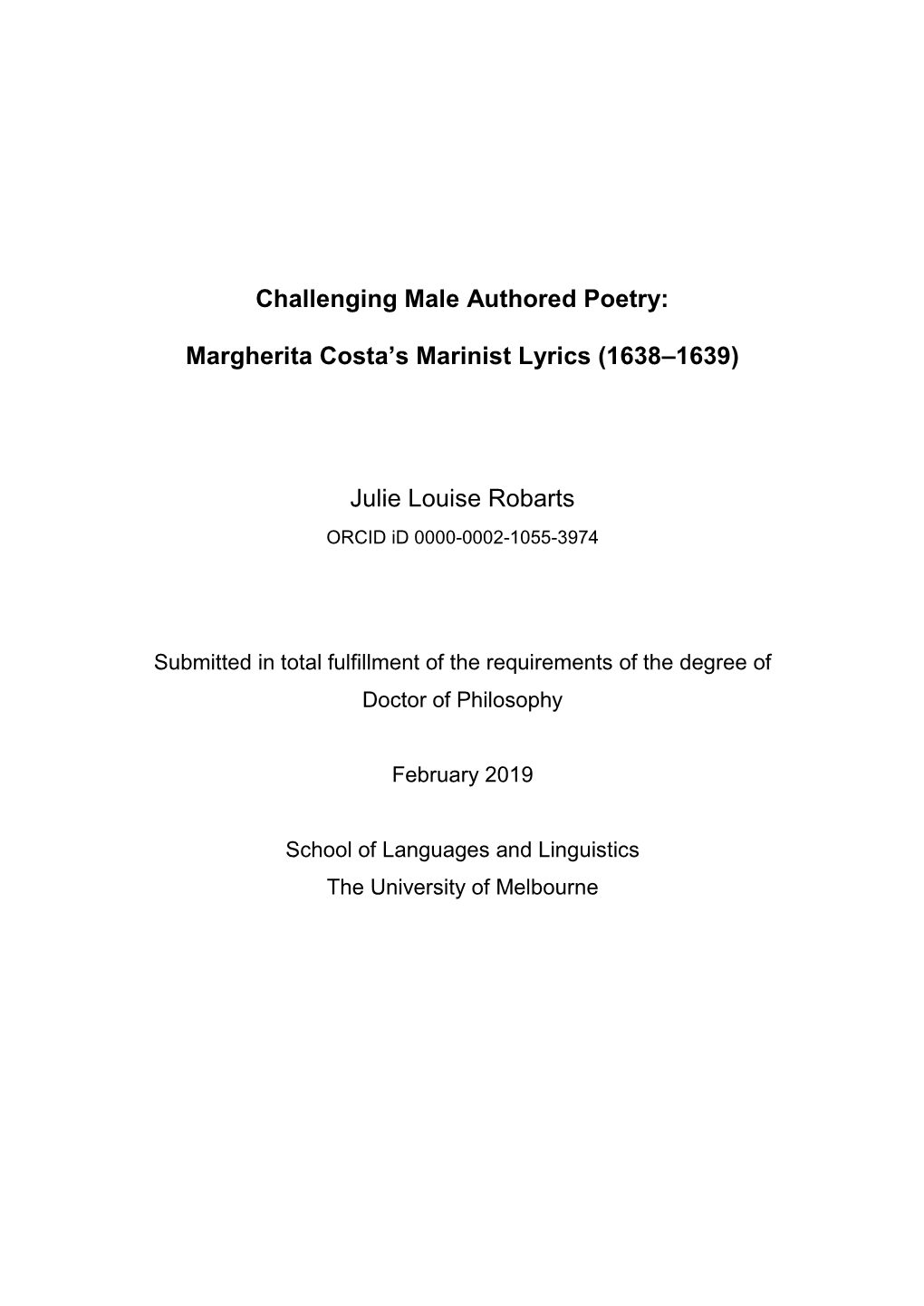 Challenging Male Authored Poetry: Margherita Costa's Marinist Lyrics