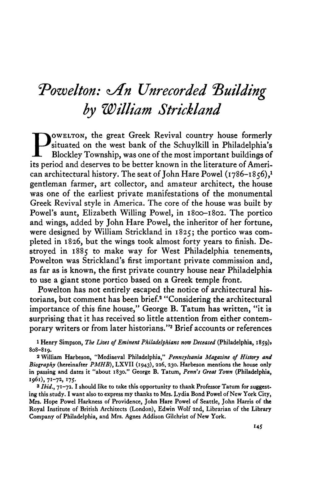 Powelton: an Unrecorded Building by William Strickland