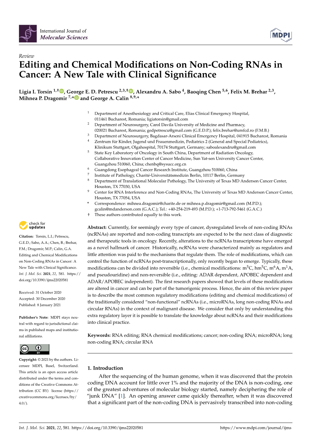 Editing and Chemical Modifications on Non-Coding Rnas in Cancer