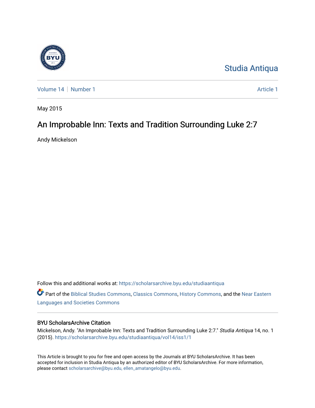 An Improbable Inn: Texts and Tradition Surrounding Luke 2:7