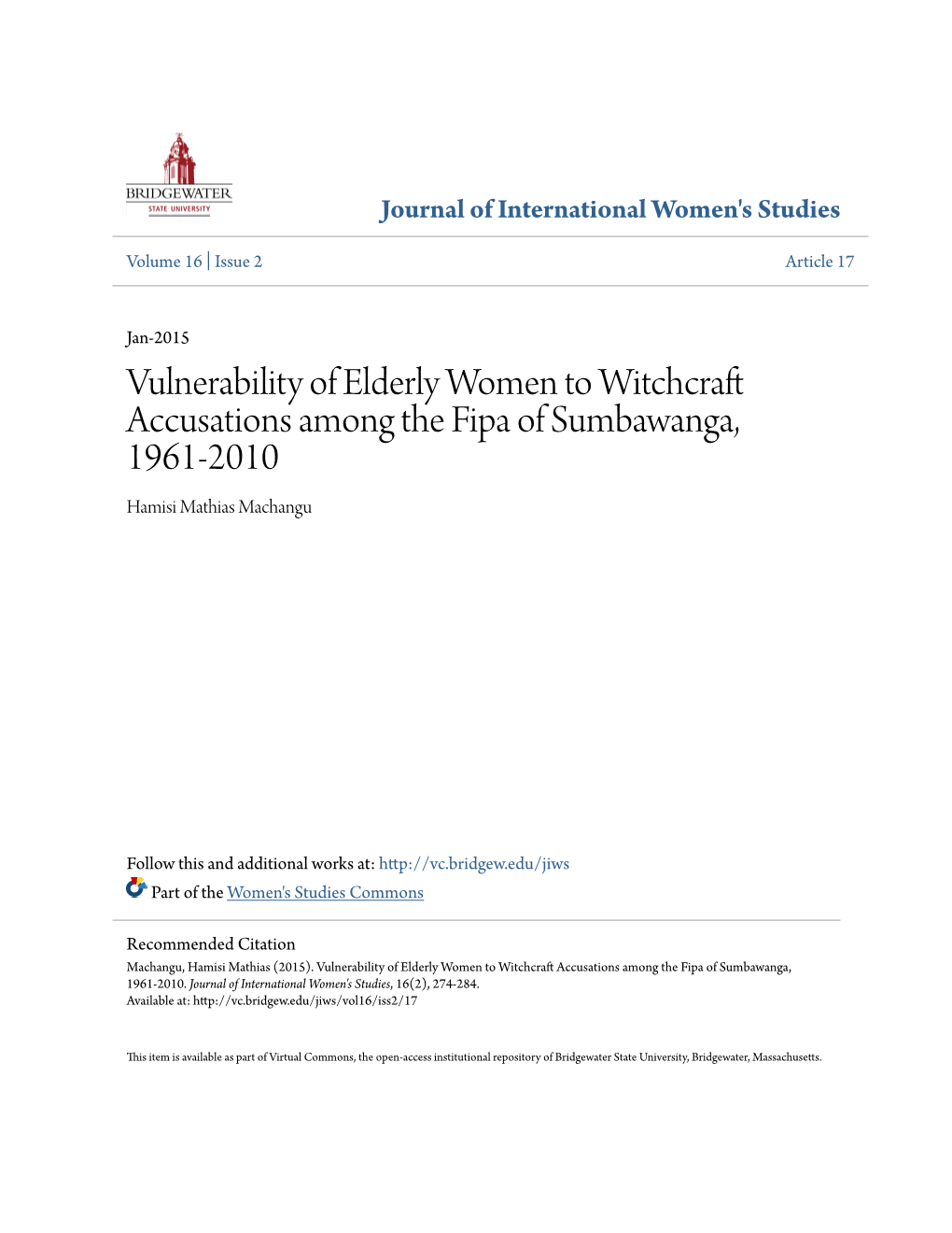 Vulnerability of Elderly Women to Witchcraft Accusations Among the Fipa of Sumbawanga, 1961-2010 Hamisi Mathias Machangu