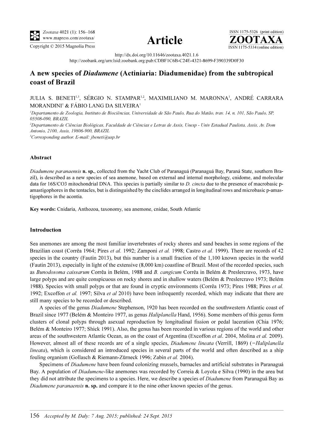 A New Species of Diadumene (Actiniaria: Diadumenidae) from the Subtropical Coast of Brazil