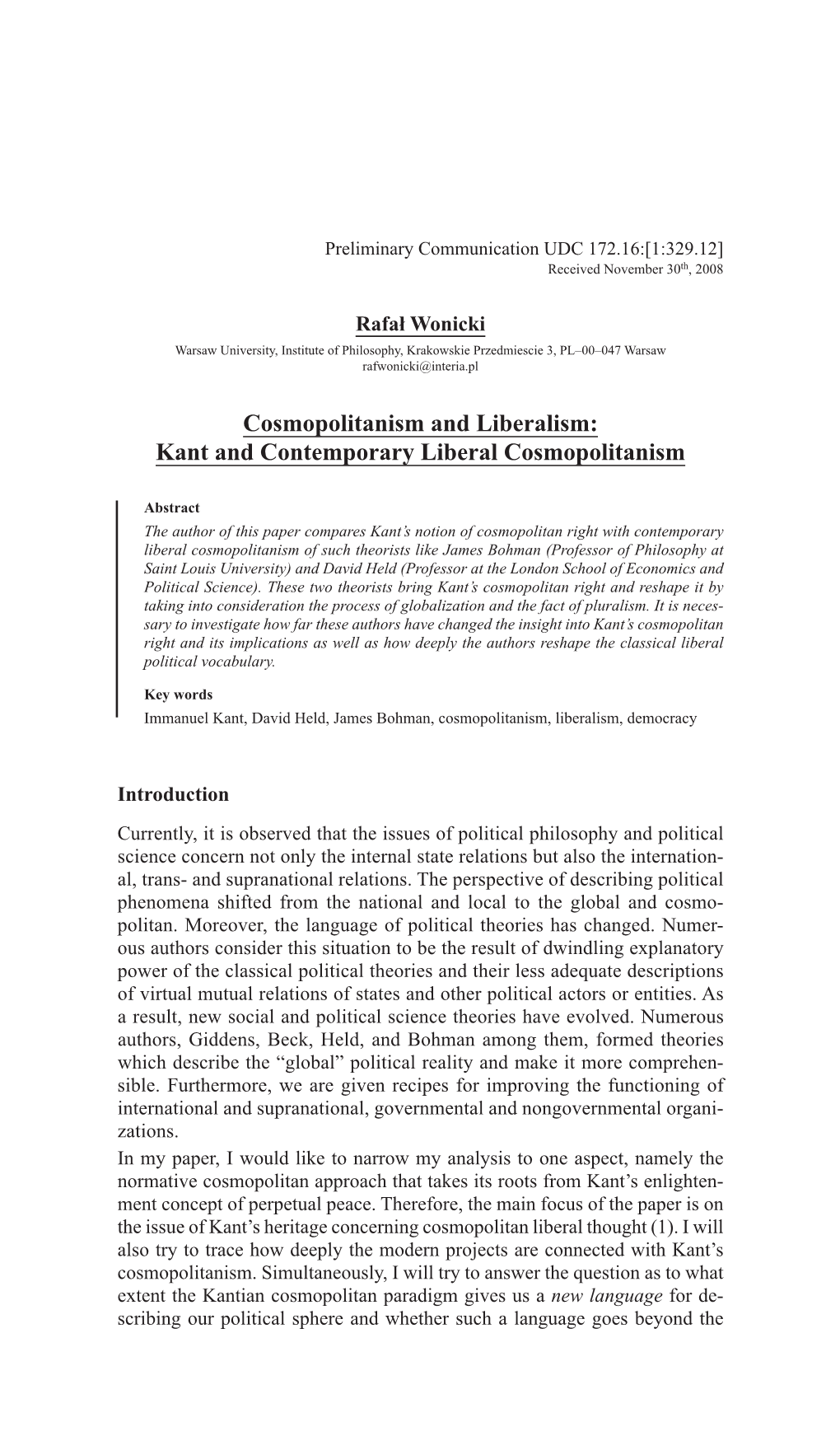 Kant and Contemporary Liberal Cosmopolitanism