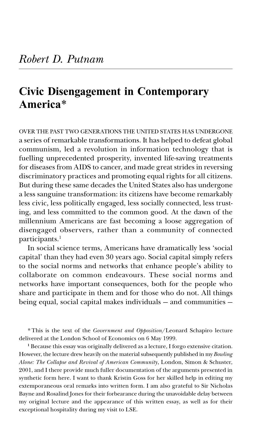 Civic Disengagement in Contemporary America (The