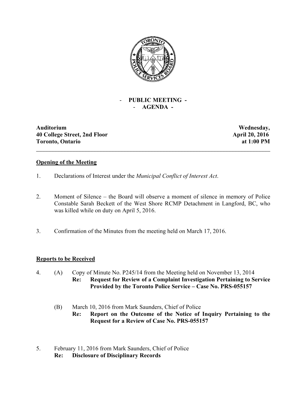 Public Meeting - - Agenda