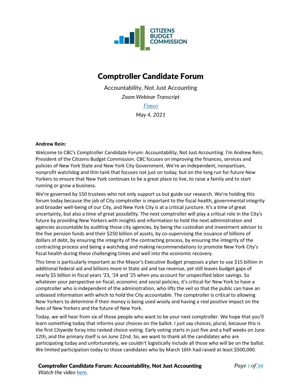Comptroller Candidate Forum Accountability, Not Just Accounting Zoom Webinar Transcript Vimeo May 4, 2021