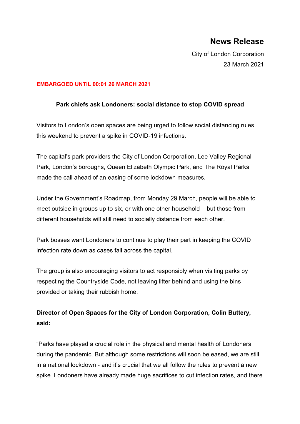 News Release City of London Corporation 23 March 2021