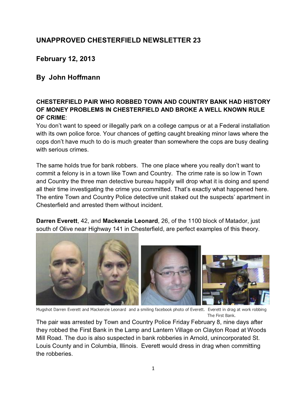 Unapproved Chesterfield Newsletter 23, February 12, 2013