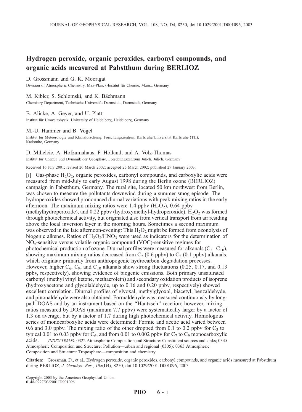 Hydrogen Peroxide, Organic Peroxides, Carbonyl Compounds, and Organic Acids Measured at Pabstthum During BERLIOZ D