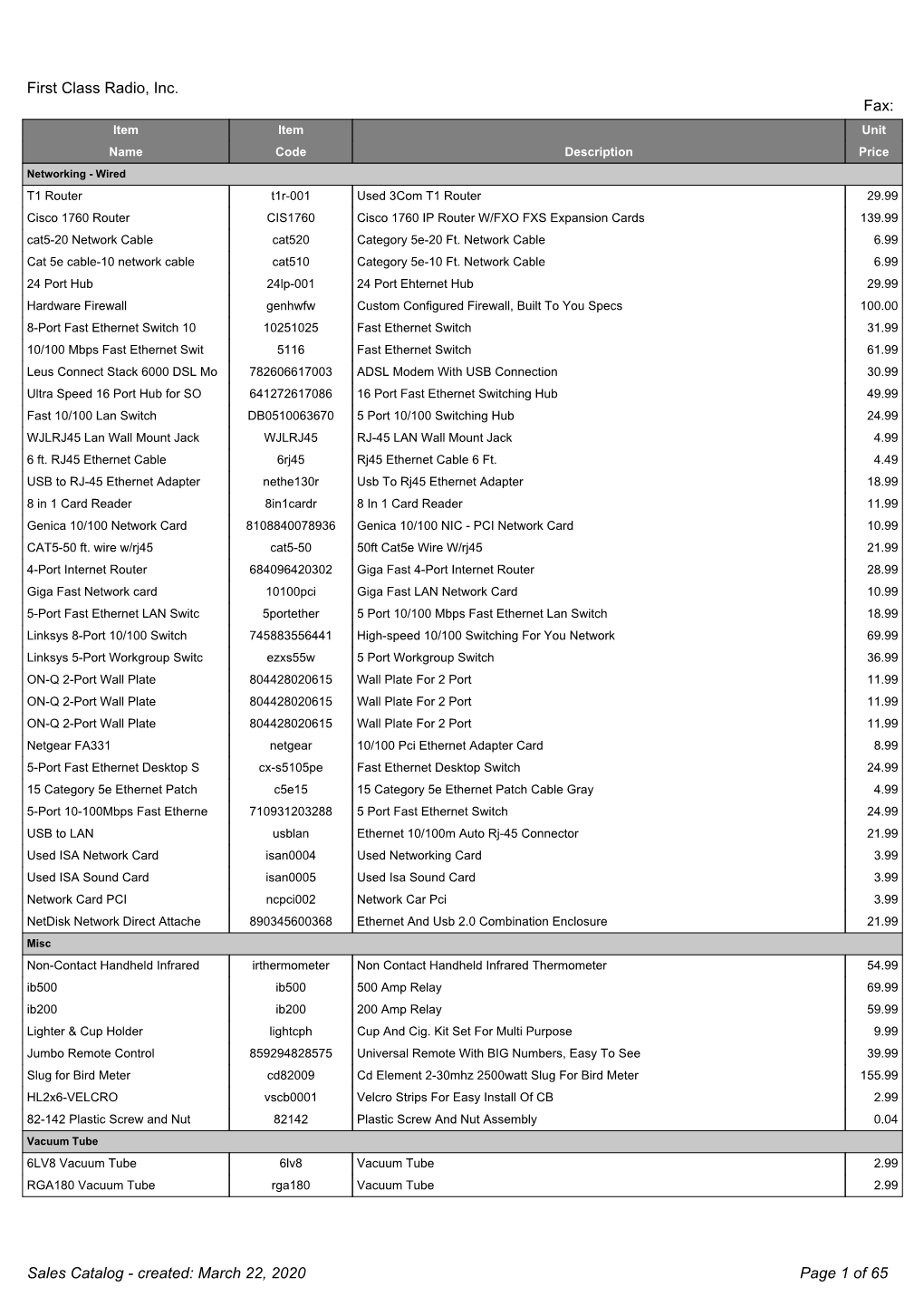 Sales Catalog - Created: March 22, 2020 Page 1 of 65 First Class Radio, Inc