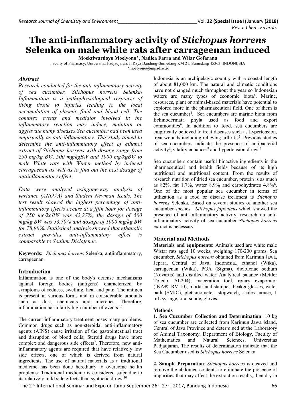 The Anti-Inflammatory Activity of Stichopus Horrens Selenka on Male