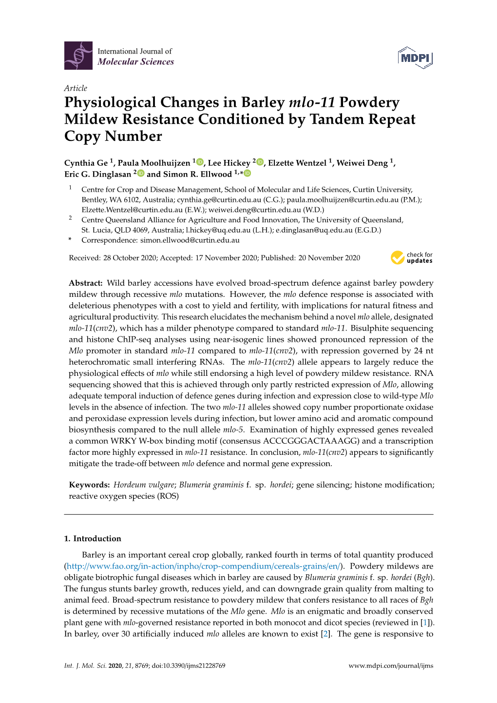 Physiological Changes in Barley Mlo-11 Powdery Mildew Resistance Conditioned by Tandem Repeat Copy Number