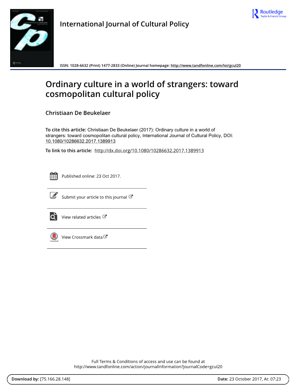 Ordinary Culture in a World of Strangers: Toward Cosmopolitan Cultural Policy