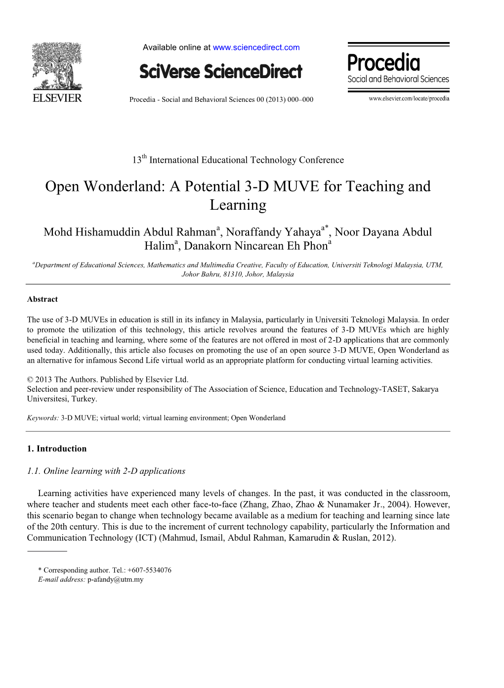 Open Wonderland: a Potential 3-D MUVE for Teaching and Learning