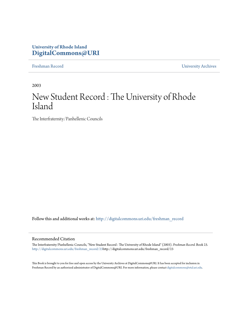 New Student Record : the University of Rhode Island