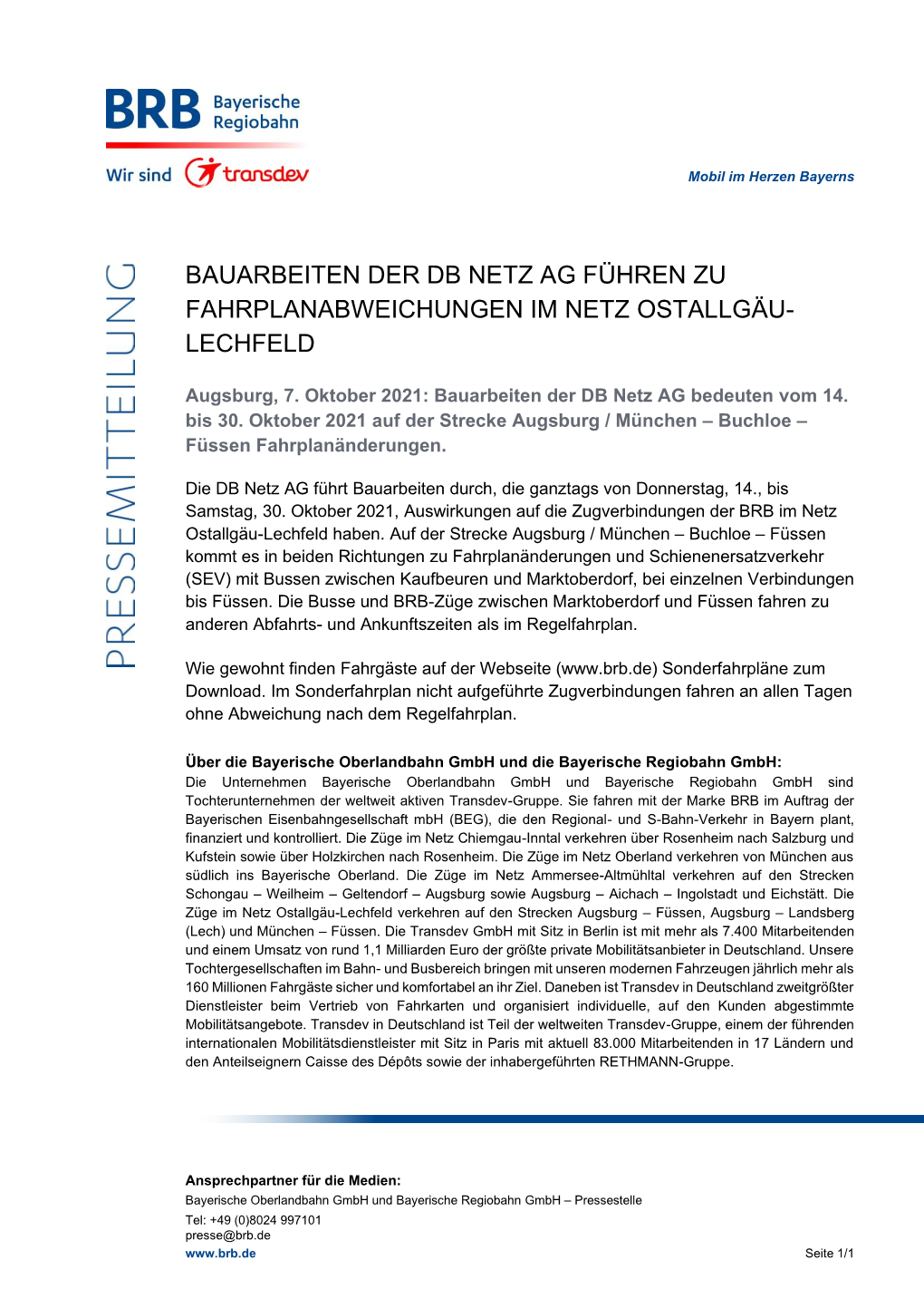 Bauarbeiten Der Db Netz Ag Führen Zu Fahrplanabweichungen Im Netz Ostallgäu- Lechfeld