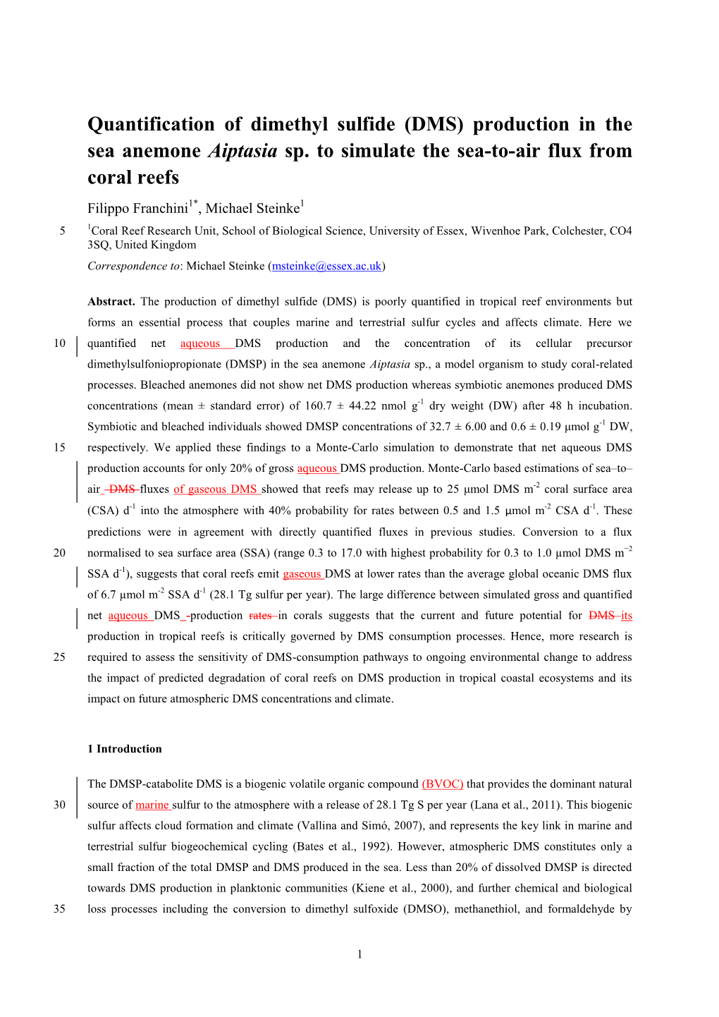 Quantification of Dimethyl Sulfide (DMS) Production in the Sea Anemone Aiptasia Sp