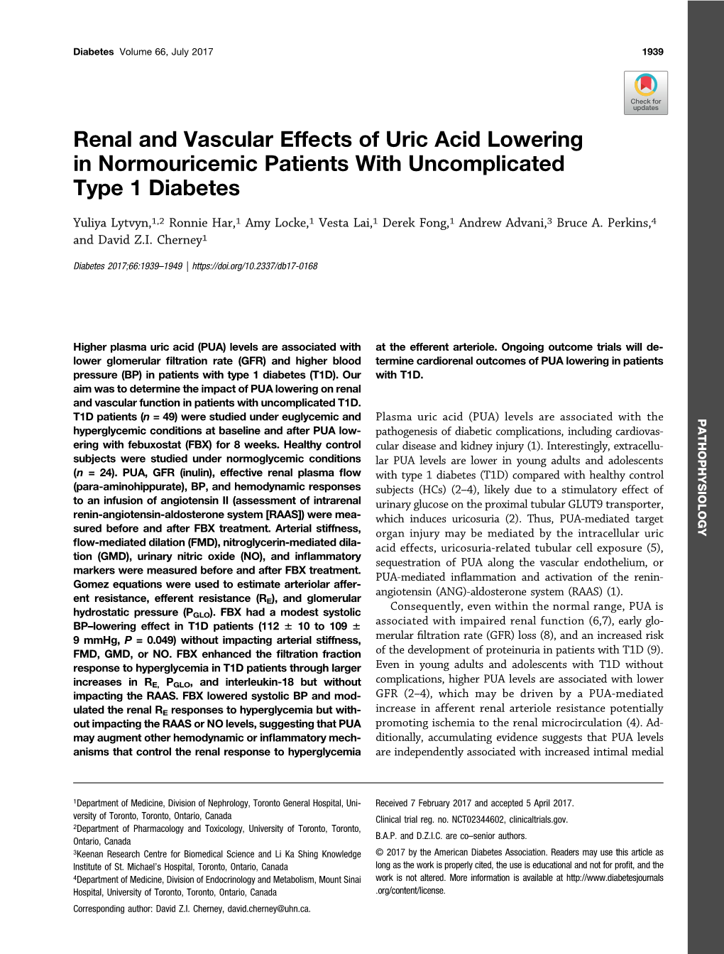 Renal and Vascular Effects of Uric Acid Lowering in Normouricemic Patients with Uncomplicated Type 1 Diabetes