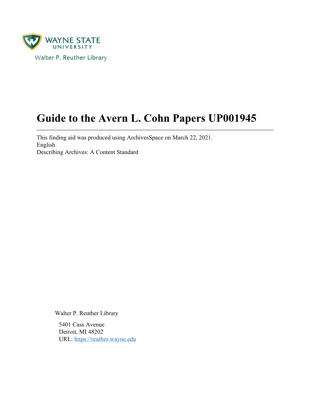 Guide to the Avern L. Cohn Papers UP001945