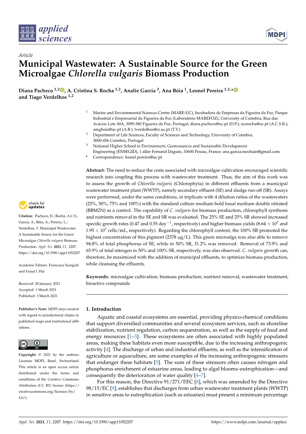 Municipal Wastewater: a Sustainable Source for the Green Microalgae Chlorella Vulgaris Biomass Production