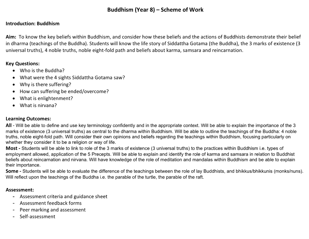 Buddhism (Year 8) – Scheme of Work