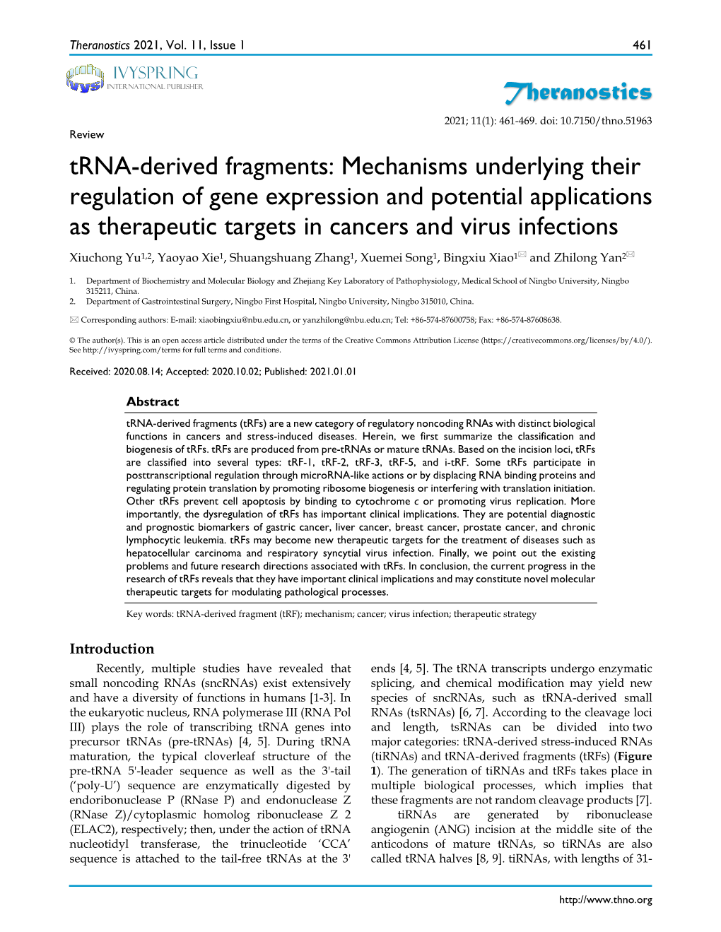 Trna-Derived Fragments: Mechanisms Underlying Their Regulation of Gene Expression and Potential Applications As Therapeutic Targets in Cancers and Virus Infections