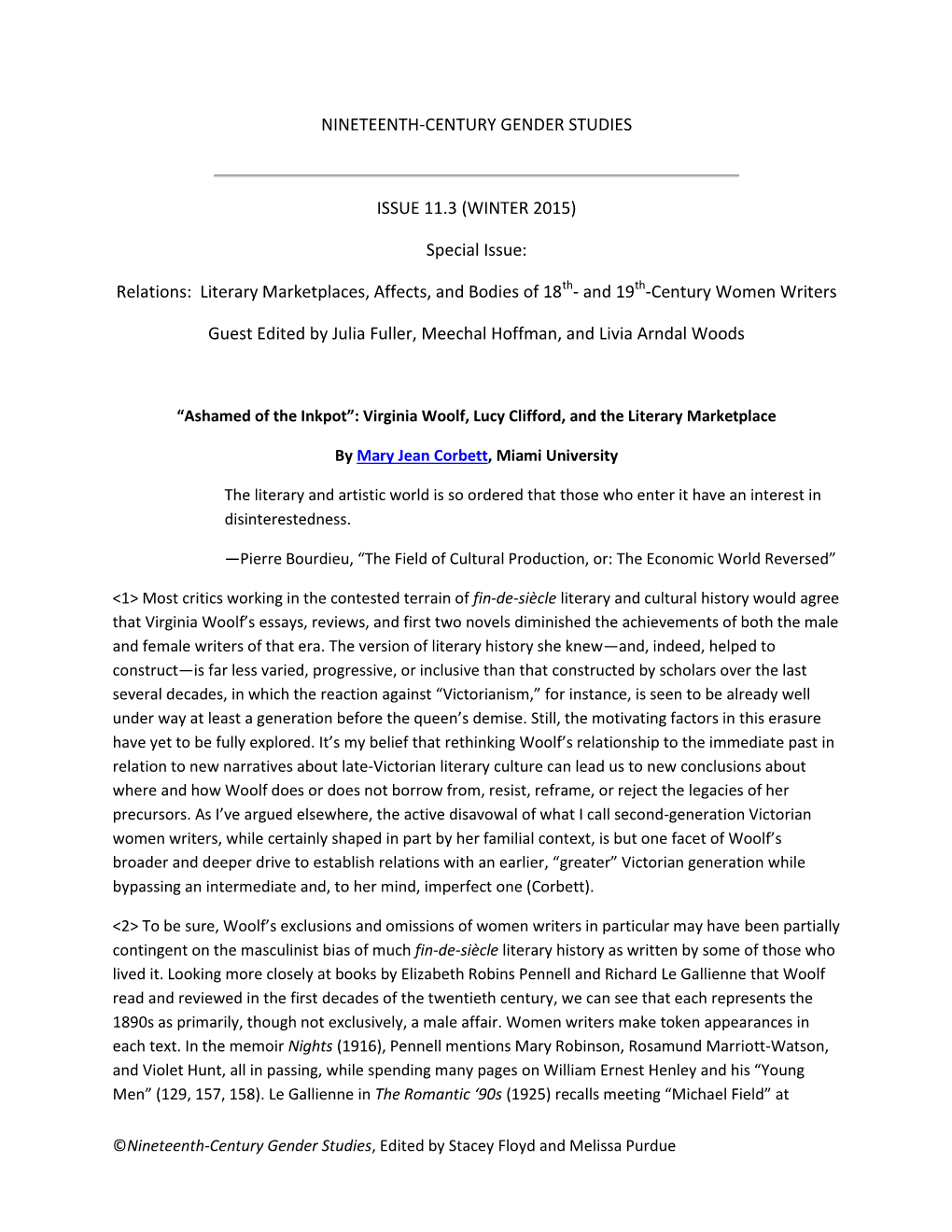 NINETEENTH-CENTURY GENDER STUDIES ISSUE 11.3 (WINTER 2015) Special Issue: Relations: Literary Marketplaces, Affects, and Bodi